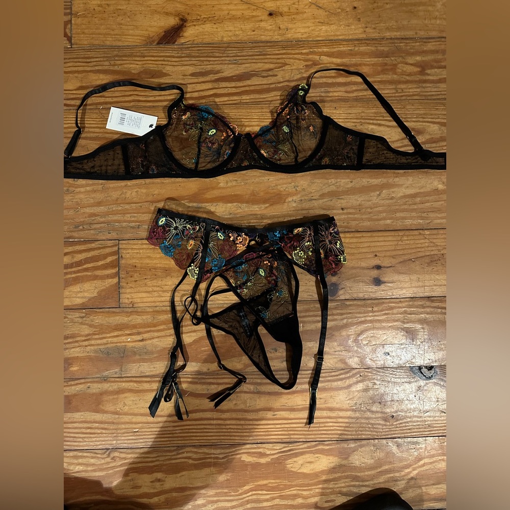 Women’s embroidery and Point de Sprit mesh bra with matching garter and g-string